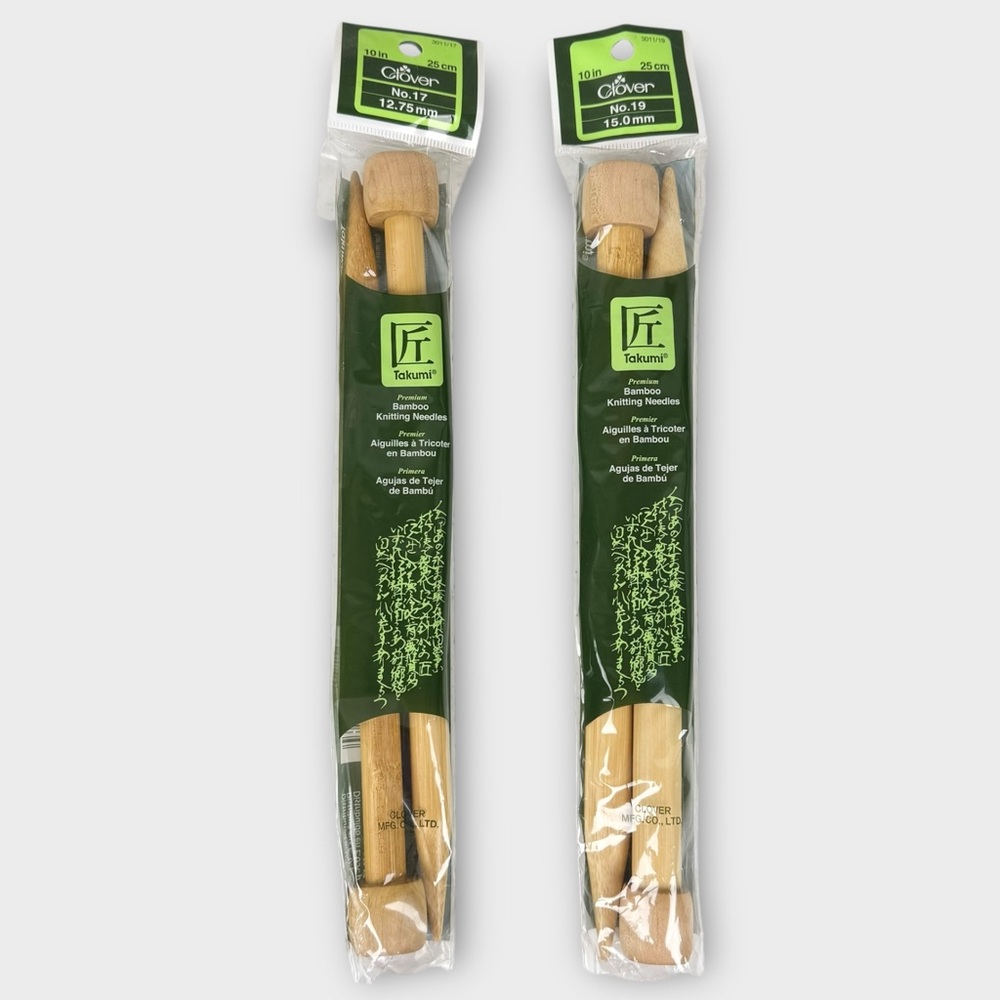 Clover Takumi Bamboo Knitting Needles 10” Single Point - sizes 17 and 19 NEW